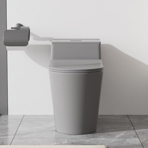 Inodoro monoblock gris alargado, altura cómoda, doble descarga | Asiento UF duradero, tapa con cierre suave silencioso, descarga eficiente, acabado cerámico gris para baños modernos miniatura 2