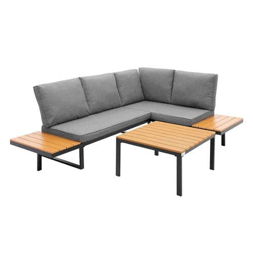 ML-Design Lot de 3 Meubles pour Jardin, en Gris Structure Aspect Bois, Composé d’un Canapé d’Angle Modulable, Table Basse et Coussins, Groupe de Sièges Terrasse...