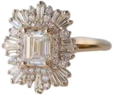 SilverDia 2 Ct Emerald Diamond Vintage Style Retro Cluster Double Halo Engagement Ring For Women 14K Yellow Gold Finish Cocktail Solitaire Wedding Ring 925 Sterling Silver Handmade Anniversary Ring