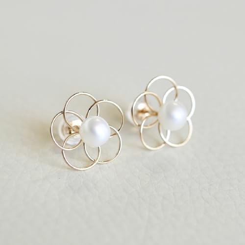 [ジュエリー]K10 イエローゴールド パール 真珠 フラワー ピアス 保証書付 242-012
