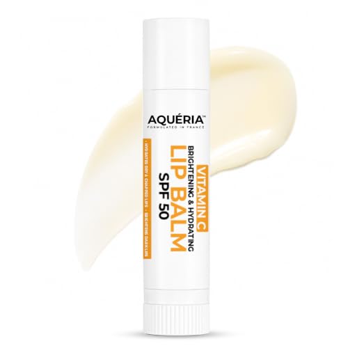 Image of Aqueria Brightening & Hydrating Lip Balm SPF 50 for Dark & Pigmented Lips | 3% Vitamin C, Kojic Acid, Ceramide Complex & Hyaluronic Acid | For Dry, Chapped Lips | Brightens, Hydrates & Helps Repair Lip Barrier | Natural & Untinted | For Men & Women | 10g
