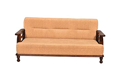 Image of Furniture Solid Sheesham 3 Seater Wooden Sofa for Living Room with Cushion|Slatted Armrest Design Wood 3-Person Sofa Set /Couch for Bedroom,Home,Office & Lounge|Brown Finish,Biscuit /Cream Color