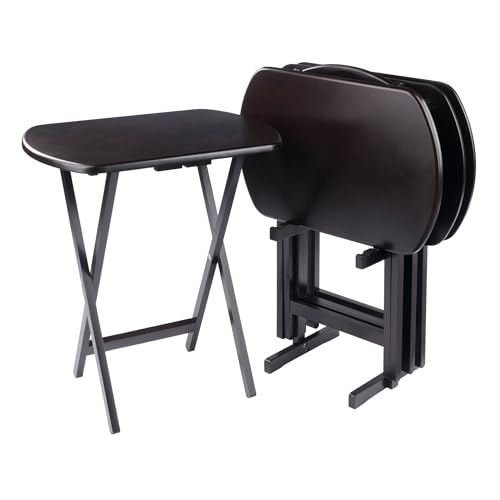 Image of Winsome Corbett Set of 4 Oversized Foldable Snack Tables with Storage Rack, Easy to Store Portable Fold Up Table Set for Kitchen, Living Room TV Dining, Crafts, Puzzles, Work from Home