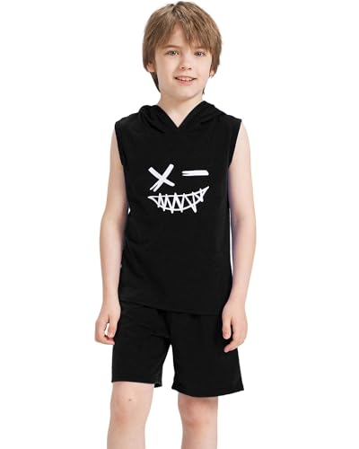 Image of Boys 2PCS Hooded Summer Sleevless Tank Top and Drawstring Elastic Waist Shorts Sport Clothing Sets