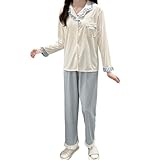 [MilaCorinna] レディース パジャマ 上下スーツ ホーム服 ラペル カーディガン フリル襟 Vネック 長袖ズボン 薄手 柔らかい 軽量 おしゃれ 甘い かわいい 快適 肌に優しい 通気性 ゆったり 大きいコード ギフト 大人 春夏秋