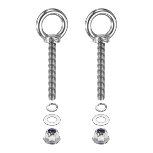 Image of PATIKIL M10 x 70mm Shoulder Eye Bolt, 2 Pcs 304 Stainless Steel Lifting Ring Threaded Eye Bolt with Flange Lock Nuts Spring and Flat Washers for Hanging Tie Down Straps Outdoor Indoor