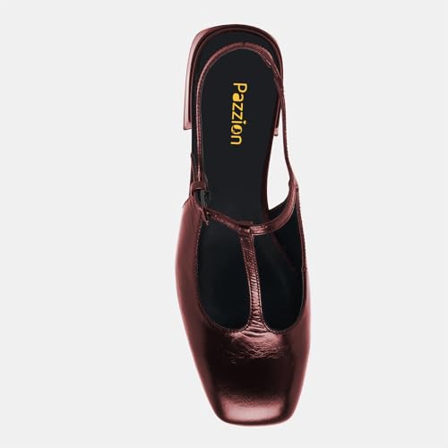 Pazzion Women Stylish Low Chunky Heel Slingback Pumps T-Strap Buckle Closed Square Toe Shoes Dating Dance Prom Size 4-16 US4