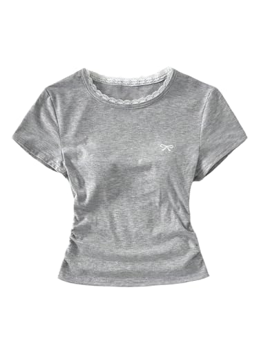 Verdusa Girl's Lace Bow Crop T Shirts Slim Fit Ruched Going Out Tops Coquette Clothes