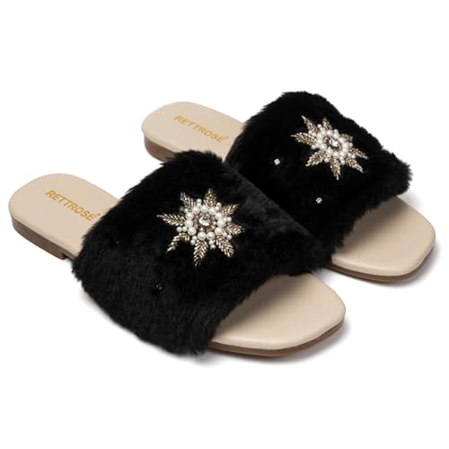 Taylor Women’s Black Luxury Handmade Slippers – Faux Fur Sliders with Diamanté Embellishment, Comfortable Plush Indoor Footwear3