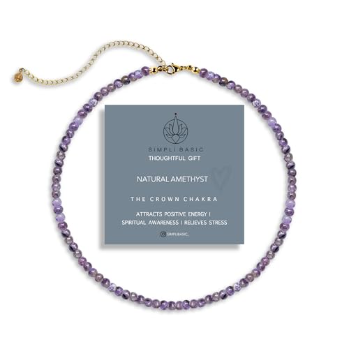 SIMPLÍ BASIC Natural Healing Gemstone 4mm Bead Necklace | Womens & Mens Beaded Fashion Jewellery | Inc Gift Box Jewellery Gifts for Women Mum Christmas Birthday (Amethyst)