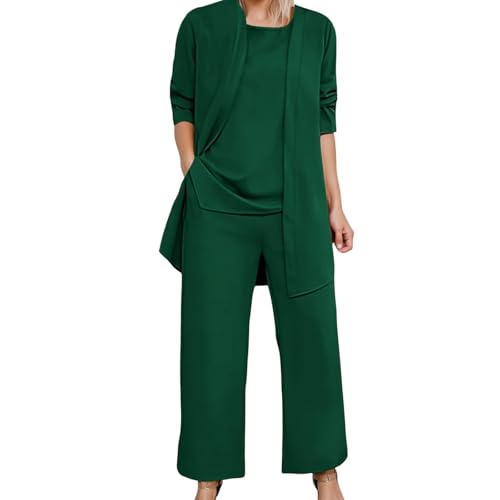 Semi Formal Outfits for Women 3 Piece Dressy Pant Suits Mother of The Bride Wedding Guest Pantsuit Seniors Sleeveless Crew Neck Tank Tops Wide Leg Palazzo Pants with Long Sleeve Shirt Jacket Green