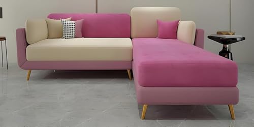 Image of Modern & Luxury Cushioned Couch Relax sectional Sofa in Fabric & Velvet and Heavy Duty Sofa Ideal for bedrooms, Living Rooms, Guest Rooms and Office-(LHP 4 Seater Pink & Beige).