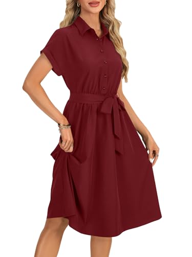 Image of Vrtige Women's Collar Neck Button Down Tie Waist Short Sleeve A Line Midi Shirt Dress