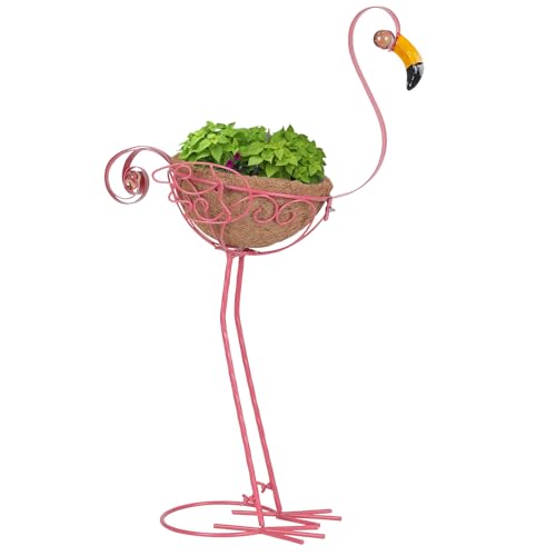 Kikth Set of 2 Pink Metal Flamingo Planters with Basket for Indoor Outdoor Garden Yard Decor