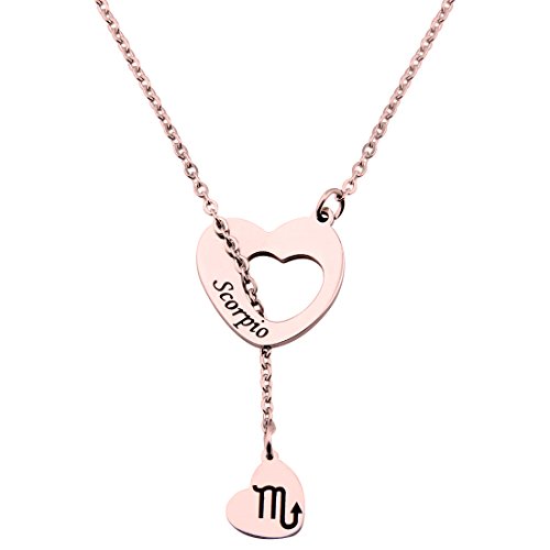 ENSIANTH Rose Gold Zodiac Signs Heart Necklace Stainless Steel Lariat Y Necklace Best Birthday Gift (Scorpio)