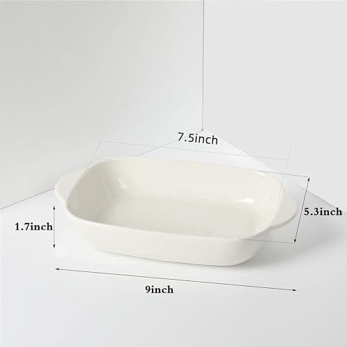 Image of Ceramic baking dish - Casserole Baking Dish with Handle, Baking Dishes for Oven, 9'' x 5'' Individual Baking Pan, Color Painted Porcelain Bakeware Set| Pack-2 (White)