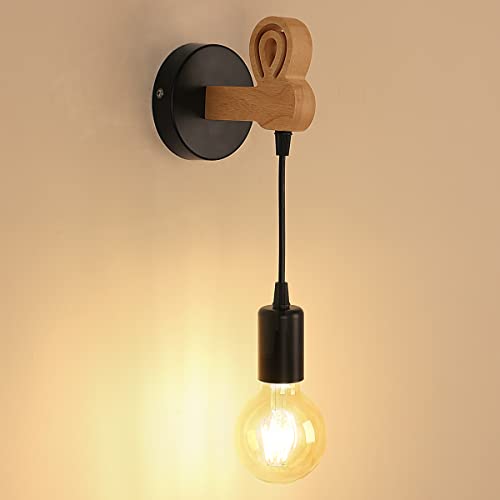 Pheashine Applique Murale en Bois,E27 Lampe Murale Vintage Industrielle Métal et Bois, Applique Murale Industrielle Noir pour Chambre,Couloir,Salon E27 (Sans Ampoules) Cover