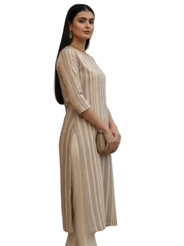Image of Saanjh Women's Fit Straight Cotton Blend Long Kurta, 3 /4 Sleeve, Knee Length Kurtis, Casual and Office Wear