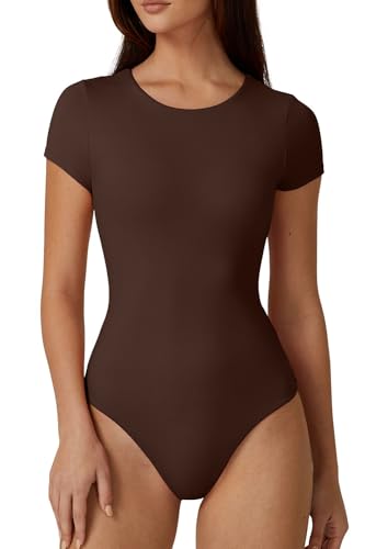 QINSEN Women's Crew Neck Short Sleeve Bodysuit Double Lined Body Suits Basic T-shirt Tops