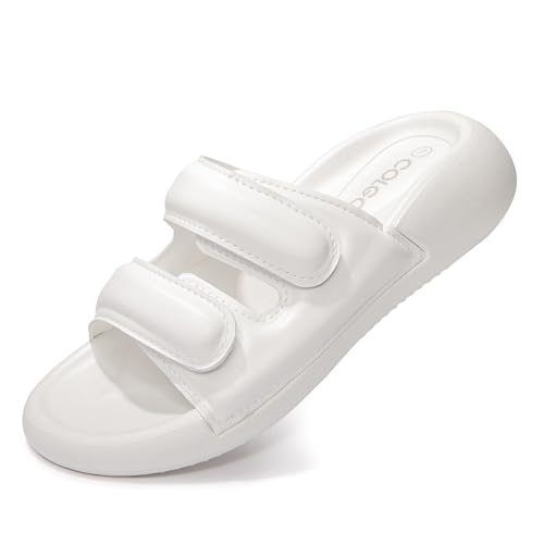 Colgo Womens Slide Sandals Double Hook&Loop Adjustable Strap Flat Sandals Comfortable Slip-on Summer Slides