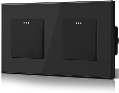 BSEED Interruptor Conmutador,Basculante Con Luz de Orientación,Marco de Cristal,Fácil Instalación,Fáciles de Limpiar,Doble 1 Gang 2 Vía,157mm Negro