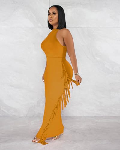 Image of YUEWOO 2 Piece Outfits for Women Sexy Crop Top Ruched Bodycon Maxi Dresses Fringe Skirt Sets Night Club Jumpsuits