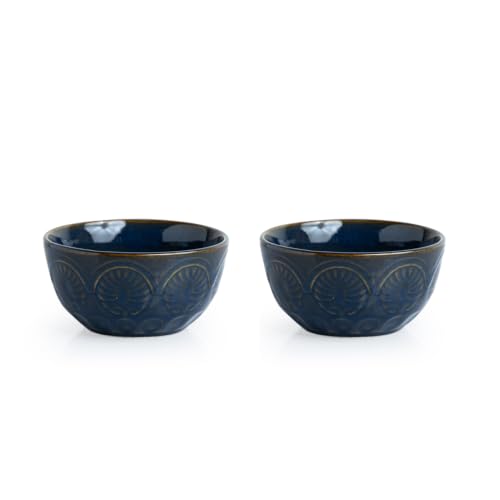Image of ExclusiveLane 'Mandala Duo' Hand Glazed Ceramic Bowls for Serving Bowl Set (Set of 2, 440 ml, Microwave Safe, Dishwasher Safe, Blue) | Kitchen Bowl Ceramic Serving Bowls for Snacks Serveware