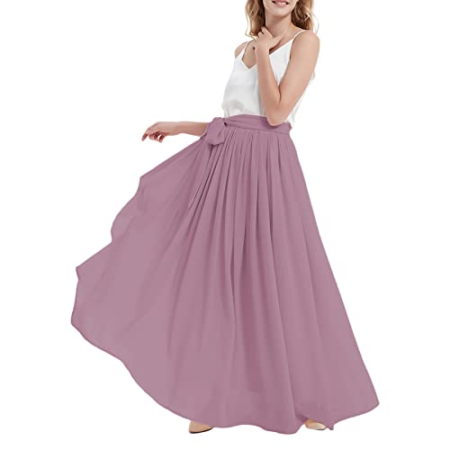 Women's Maxi Long Chiffon Bridesmaid Skirt High Waist Floor Length Pleated Summer Beach Skirt with Belt for Wedding Party