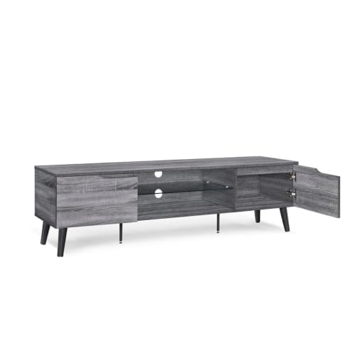 Image of Zenith TV Stand Entertainment Center & Modern Media Console Table for Living Room | Two Storage Doors | Tempered Glass Middle Shelf | Solid Wooden Legs | Space Gray