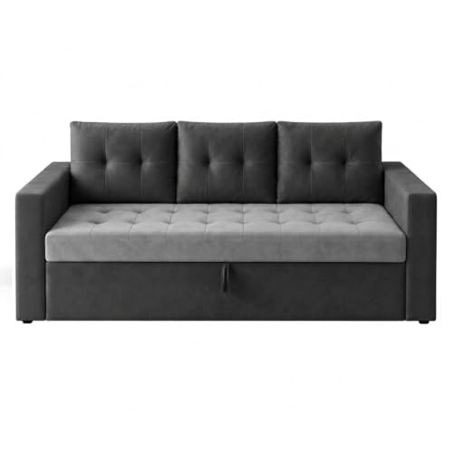 Image of FURNY Tressa 3 Seater Fabric Pull-Out Sofa Cum Bed Function (Dark Gray-Light Gray) | Luxury Velvet Suede Finish | Durable Comfort Sofa Bed for Modern Living Room & Office Spaces