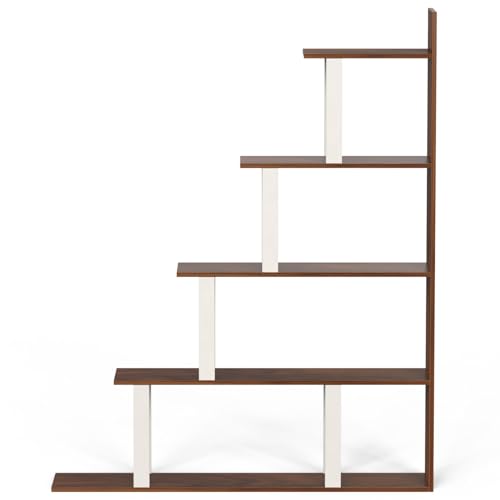 Image of BLUEWUD Wolabey Engineered Wood Ladder Style Bookshelf Cabinet Book Rack Organizer with Shelves for Decor Display, Cabinet Wall Floor Standing for Home (Brown Maple & White)