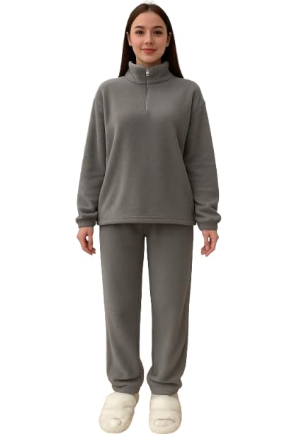 donson Women Winter Thermal Fleece Co-ord Set Pajama Included (Grey)-picture-24
