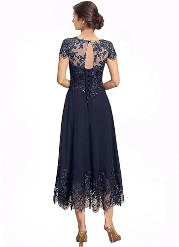 Tea Length Mother of The Bride Dresses for Wedding Beach Short Sleeves Lace Chiffon Formal Dress for Women 20254