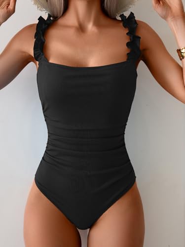 Eomenie Women's One Piece Swimsuit 2025 Tummy Control Square Neck Bathing Suit Ruffle Straps Ribbed Swimwear3