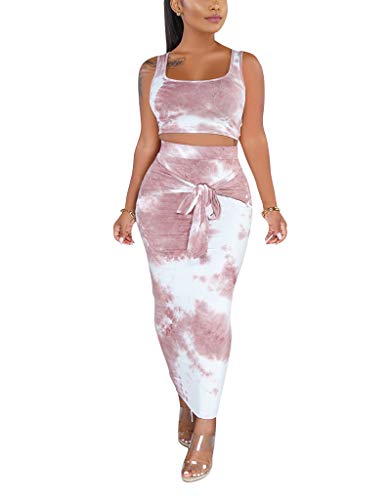 Women Casual Women's 2 Piece Outfit Crop Top Tie Dye Long Maxi Skirt Bodycon Tank Top Vest for Ladies Light Grey L