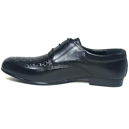 Image of Handcrafted Men's Oxford Shoes in Black Plain and Knitted Leather