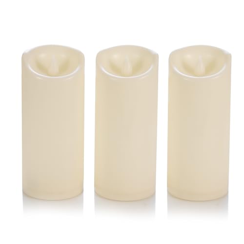 Image of CANDLE CHOICE Waterproof Outdoor Battery Operated Flameless Candles with Timer Flickering Plastic Resin Electric LED Pillar Lights for Lantern Patio Garden Wedding Party Decorations 3x7 Inches 3 Pack