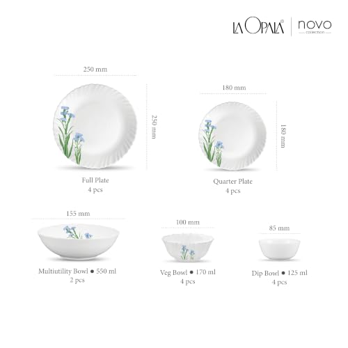 Image of La Opala Opal Glass Crockery | for Family of 4 | Dinner Set 18 pcs Blue Florets | Plates & Bowls for Dining | Microwave Safe | 100% Vegetarian | Extra Strong | Extra Light & White