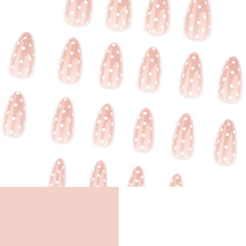 Image of Polka Dots Press on Nails Medium Almond Fake Nails Nude False Nail with Design White Point Glue on Nails Reusable Artificial Acrylic Glossy Full Cover Stick on Nail for Women Manicure 24Pcs