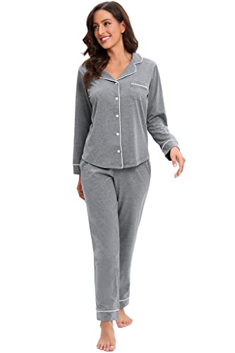 Image of LUBOT 100% Cotton Pajamas for Women PJ Set Soft Long Sleeve Button-Down Shirt 2 PC Set Warm Sleepwear Loungewear Night Suit (Dark Gray, XL)