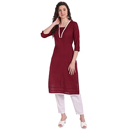 Image of Cotton Casual Maroon Solid Kurta for Girls and Women in 45 Inch Length