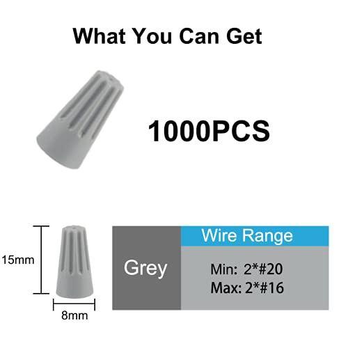 Wire Conectors Nuts,Wire Twist 1000 PCS Grey Electrical Screw Springs Caps Terminals Stainless Assortment Set Wire Connectors AWG 22-12