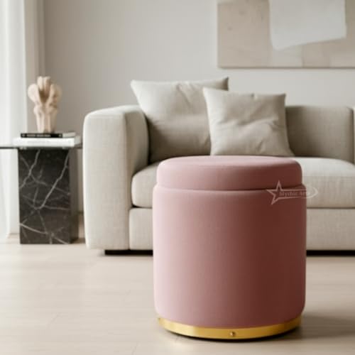 Image of Velvet Round Single Strip Ottoman Office Stool Foot Rest Stool Velvet Fabric Padded Seat Pouf Ottoman 16 X 16X 19 inch, in Round Shape for Living Room Pink