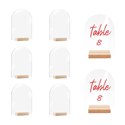 Kaizuca Pack de 8 Números de Mesa de Acrílico con Soportes de Madera, Números de Mesa Reutilizables para Bodas, Placas de Acrílico Curvas en Blanco para Cumpleaños, Bautizos, Decoración de Mesa de Bod