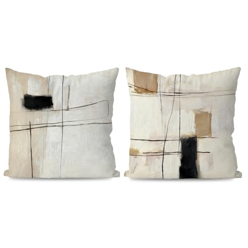FWSFD Neutral Abstract Pillow Covers 18x18, Boho Home Room Decor, Minimalist Modern Black and White Beige Decorative Throw Pillow Covers for Contemporary Home Bedroom Living Room Set of 2