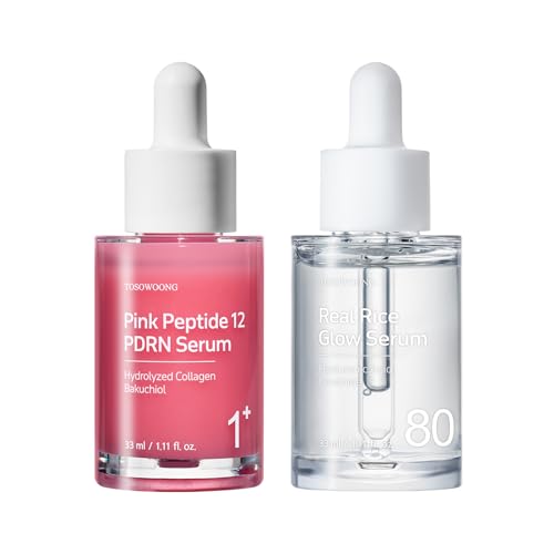 TOSOWOONG Kit Reparador de Tono y Textura: Sérum Real Rice Glow y Sérum Pink Peptide 12 PDRN - Rutina Diaria Facial para Opacidad y Líneas Finas