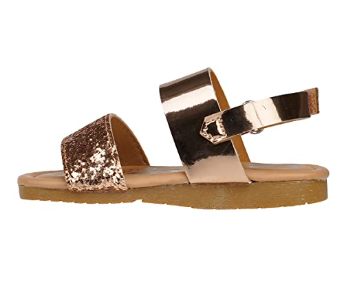 Image of bebe Girl's Sparkly and Strappy Glitter Leatherette Flat Sandals with Adjustable Strap (Toddler /Little Kid)