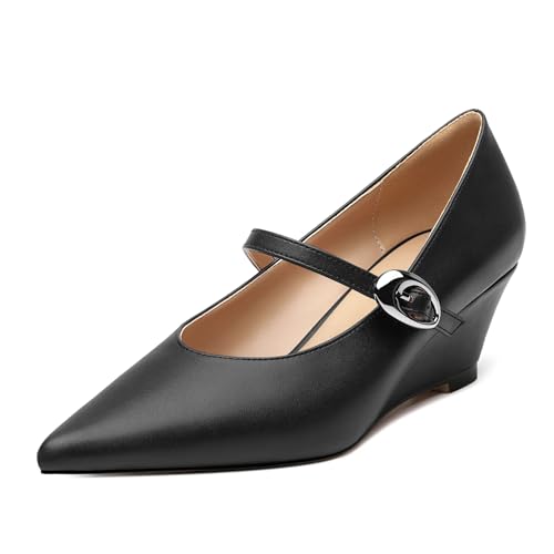 Wedge Pumps for Women Mary Jane Heels Pointed Toe Patent Closed Toe Wedge Heels Slip On Ankle Strap Heeled Dress Party Office Shoes 2.5inch