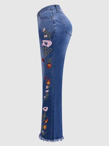 Womens High Waisted Skinny Flare Jeans Floral Embroidery Bell Button Design Stretch Denim Pants with Pockets4