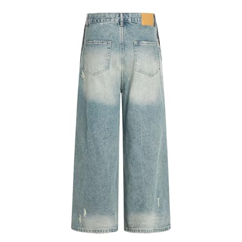 Men's Spliced Wide Leg Jeans, Washed Distressed, Retro High Street Loose Fit Denim Pants4